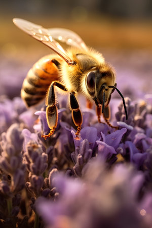 Bee on lavender flower. Bee pollinating lavender flowers.の素材