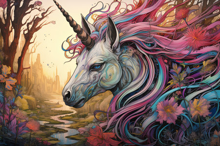 Unicorn in the forest with flowers. Colorful vector illustration.の素材