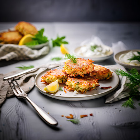 potato pancakes with zucchini and sour cream on a dark background. tinting. selective focusの素材