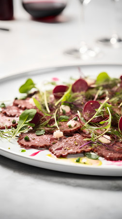 Beef carpaccio served on a white plate with red wineの素材