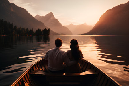 Couple in a boat on lake in the mountains at sunrise.の素材