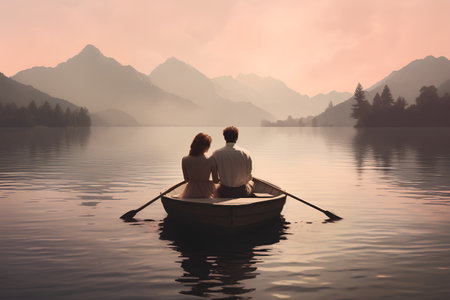 Couple in a boat on a lake with mountains in the backgroundの素材