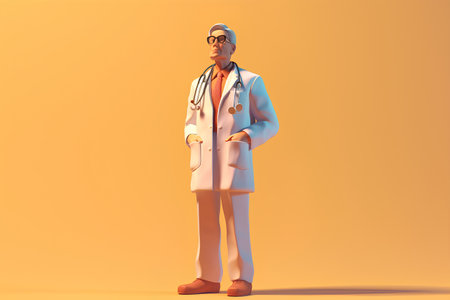 Doctor with stethoscope and glasses on orange background. 3d renderingの素材