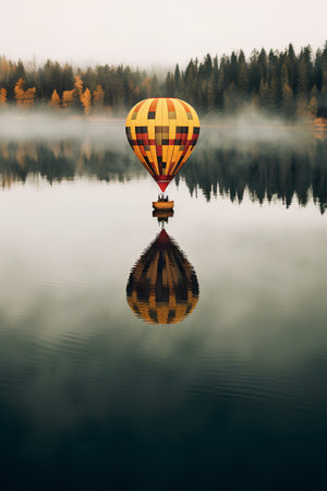 Colorful hot air balloon flying over autumn forest lake with fog.の素材