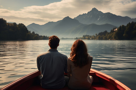 Couple sitting on a boat on the lake in the mountains.の素材