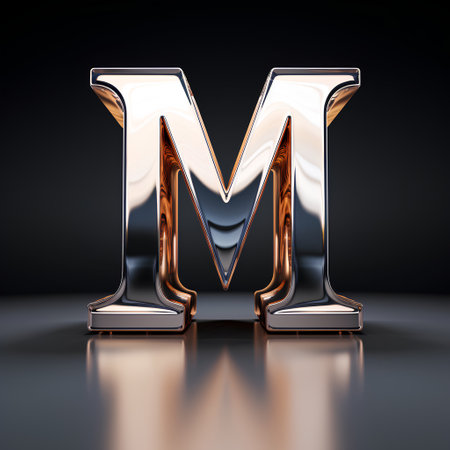 Metal letter M uppercase. 3D render font with reflection isolated on black backgroundの素材