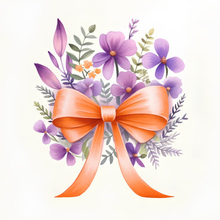Watercolor floral bouquet with pink and purple flowers and orange bow.の素材