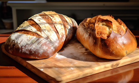 Freshly baked bread on a cutting board on a wooden table.の素材