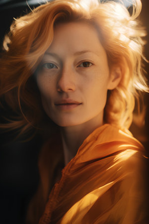 Portrait of beautiful red-haired girl with freckles on her faceの素材