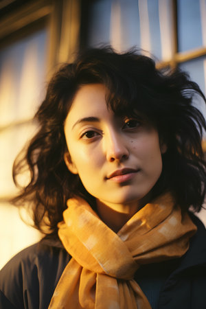 Portrait of young beautiful brunette woman in a yellow scarf.の素材