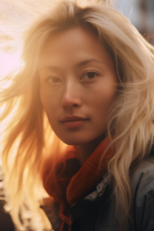 Portrait of a beautiful young woman with long blond hair on the background of the setting sunの素材