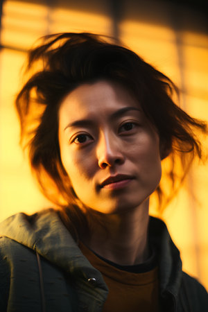 Portrait of a beautiful asian woman with windy hair at sunsetの素材