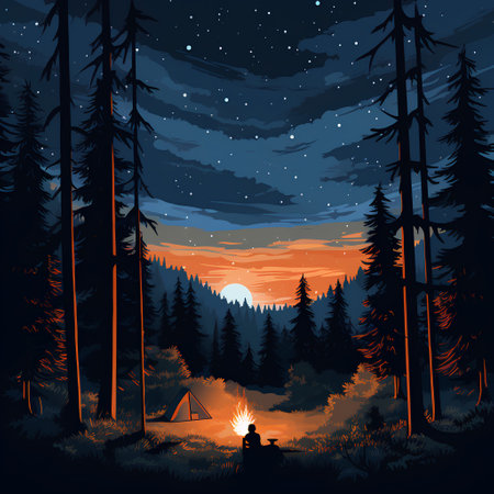 Camping in the forest at sunset. Vector illustration of a night landscape.の素材