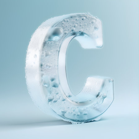 Ice letter C uppercase. 3D rendering ice font with water drops isolated on blue backgroundの素材