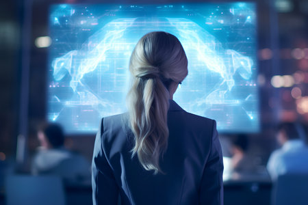 business, people and technology concept - close up of businesswoman working with virtual screen in officeの素材