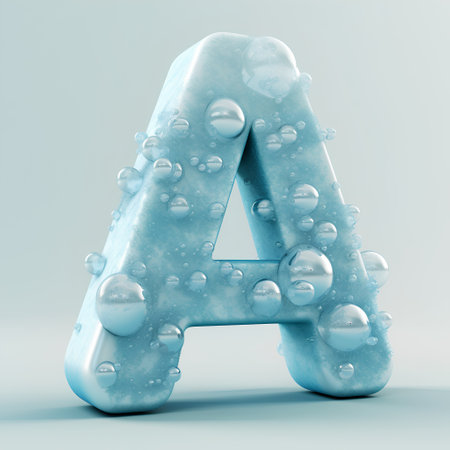 Blue ice font Letter A uppercase isolated on white background. 3D rendered font with water drops.の素材