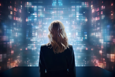 Back view of businesswoman looking at abstract glowing dots on grid backgroundの素材