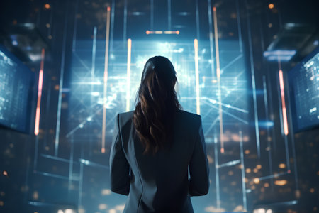 Rear view of businesswoman looking at digital business hologram on blurry night city background. Technology and innovation concept. Double exposureの素材