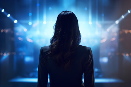 Back view of businesswoman looking at blue stage with lights on backgroundの素材