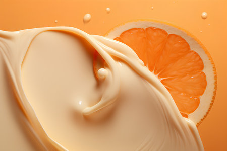 Slice of orange in milk splash isolated on orange background. 3d illustrationの素材