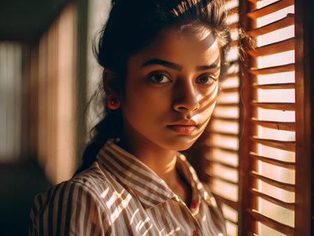Portrait of a beautiful woman in a striped shirt standing near the windowの素材