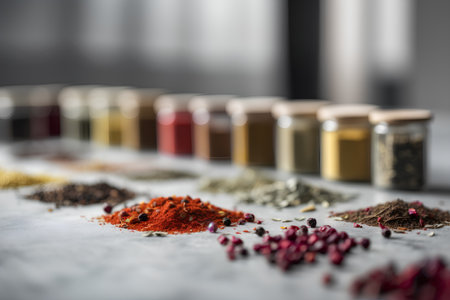 Various spices and herbs on a kitchen table. Selective focus.の素材