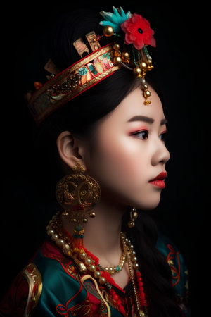 Portrait of beautiful asian woman in traditional costume on dark backgroundの素材