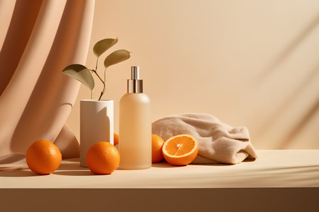 Mockup of cosmetic products with orange and towel. 3d renderingの素材