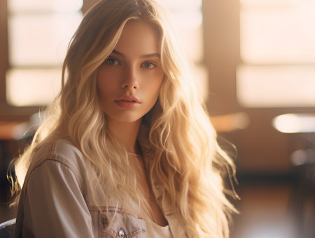 Portrait of a beautiful young woman with long blond hair in a cafe.の素材
