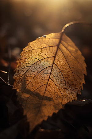 Autumn leaf in the forest at sunset. Shallow depth of field.の素材