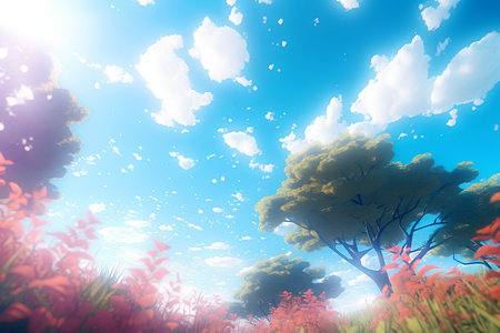 3D render of a beautiful autumn landscape with blue sky and cloudsの素材