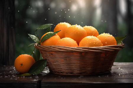 Ripe tangerines in a basket on a wooden table.の素材