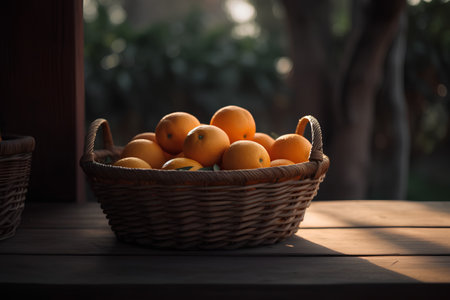 Fresh oranges in a basket on a wooden table in the garden.の素材