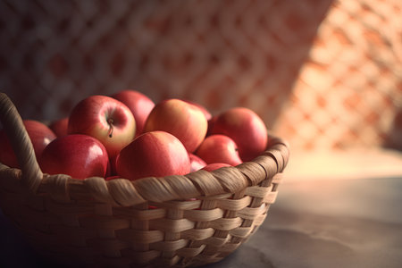 Ripe red apples in a wicker basket on a light backgroundの素材