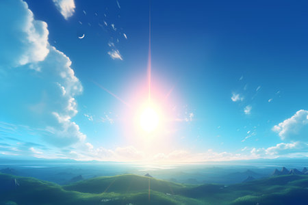 Fantasy landscape with mountains and sunset. 3d render illustration.の素材