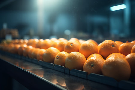 Oranges on a conveyor belt in a factory or warehouse.の素材