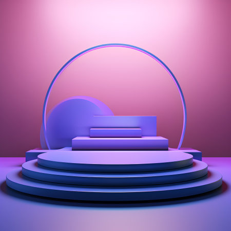 Abstract background, round podium illuminated by neon light. 3d renderの素材