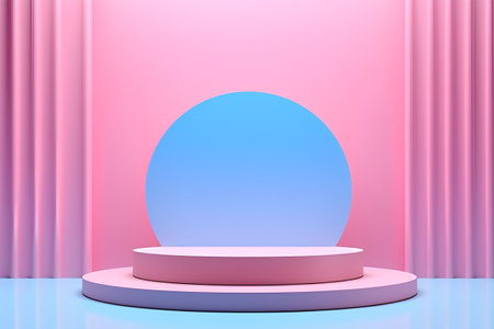 3d render of abstract minimal geometric forms. Glossy colorful podium for your design. Fashion show stage.の素材