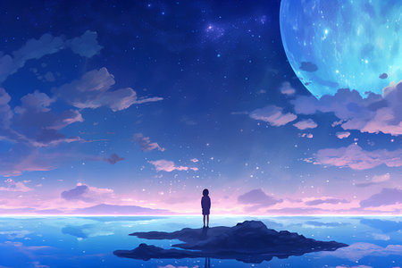 Woman standing on the rock and looking at the moon. Vector illustration.の素材