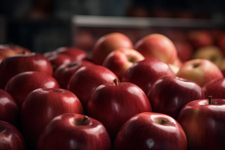 Fresh red apples on the counter of the supermarket. Toned.の素材