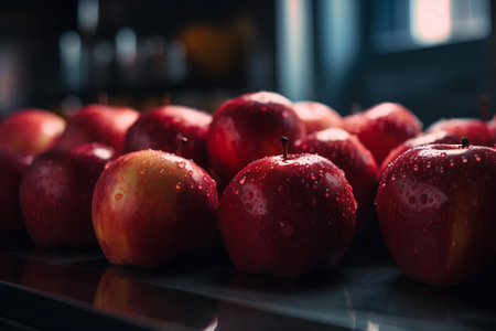 Red apples on a black background. Shallow depth of field.の素材