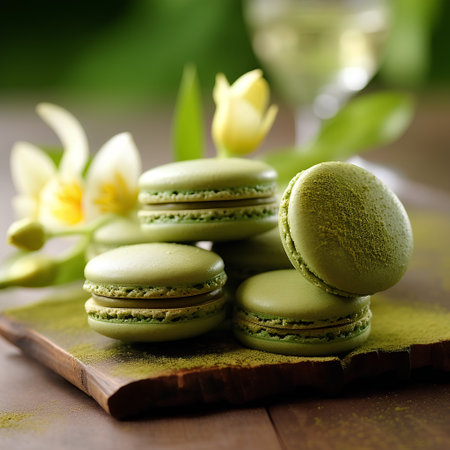 Green macaroons and tulips on a wooden background. Selective focus.の素材