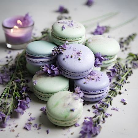 Colorful macaroons and lavender flowers on a white backgroundの素材