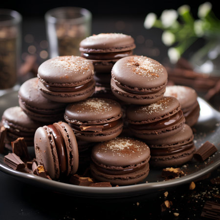 Chocolate macaroons on a dark background. Selective focus.の素材