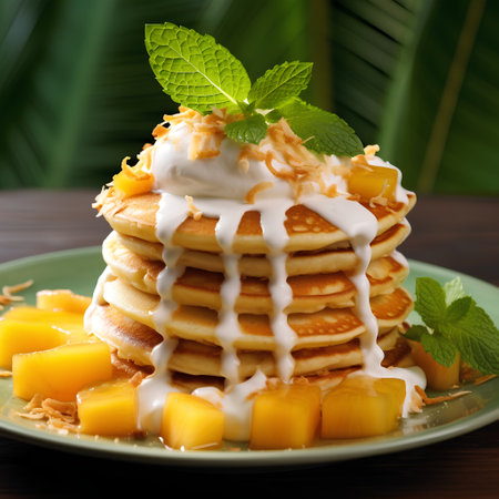 Pancakes with mango, ice cream and mint on wooden backgroundの素材