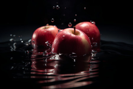 Fresh red apples falling into water with splash and drops on black backgroundの素材