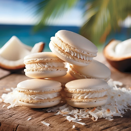 Tasty macaroons with coconut on wooden table, closeupの素材