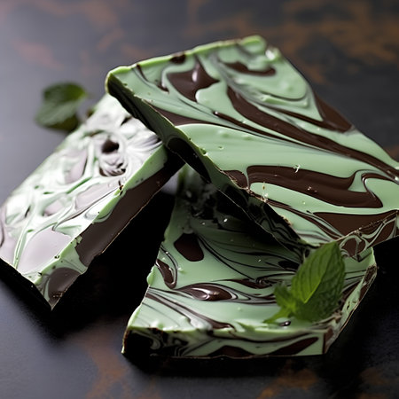 Pieces of chocolate with mint leaves on a dark background. Selective focus.の素材