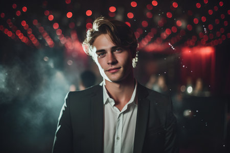 Portrait of a young handsome man in a dark room with red lightsの素材