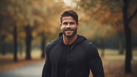 Handsome young man in sportswear is smiling and looking at camera while standing in the autumn park.の素材